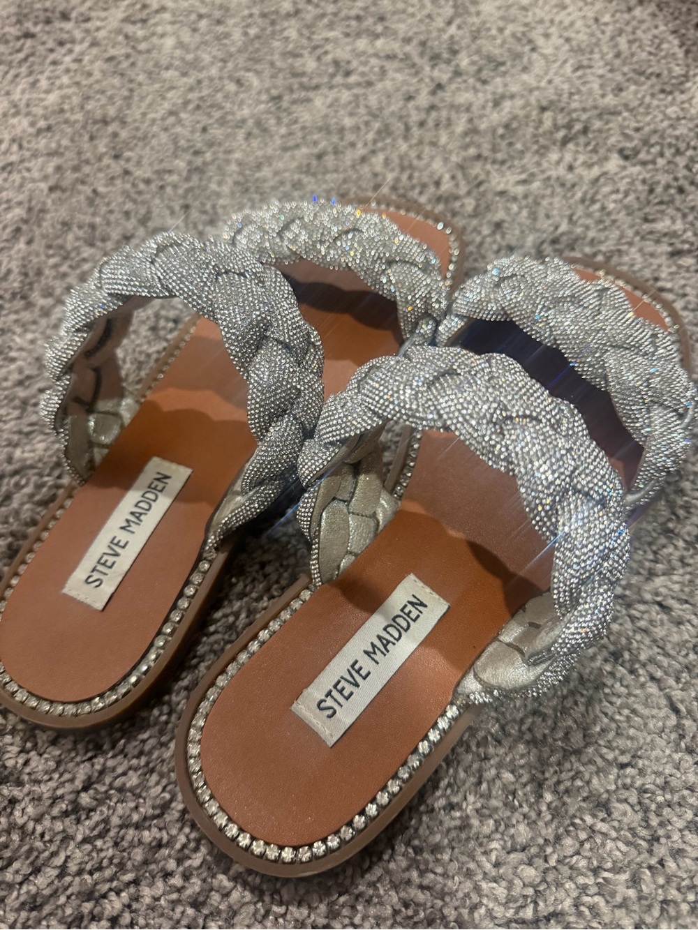 Steve Madden Silver Braided Crystal Slide Sandals